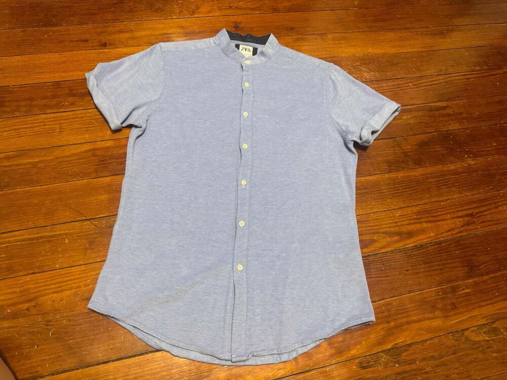 Zara Men's Slim Fit Light Blue Short Sleeve Band Collar Cotton Polo Shirt SIZE L